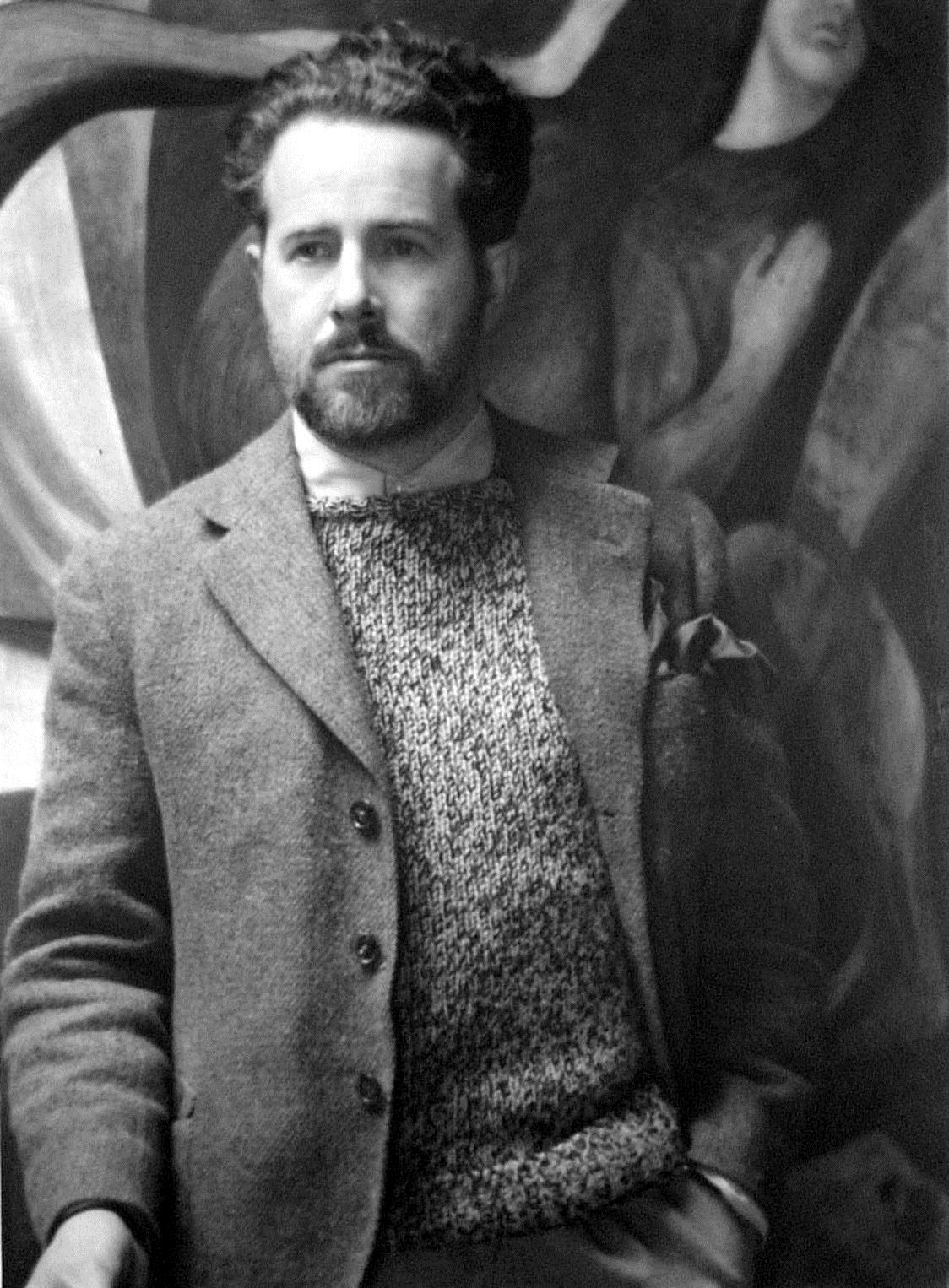 Mark Tobey in front of his mural c1933-4, photo Stuart Black, The Dartington Hall Trust