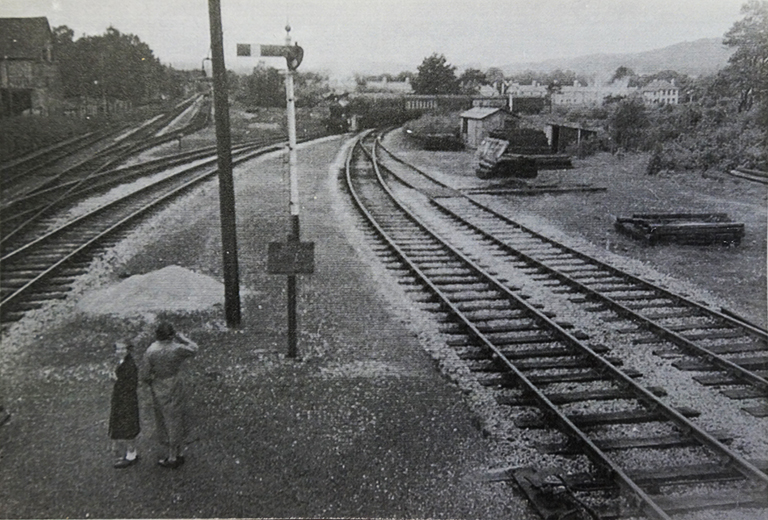 Mary and her mother, Mrs E F Yendell, watch the last Teign Valley train pull up to Heathfield station