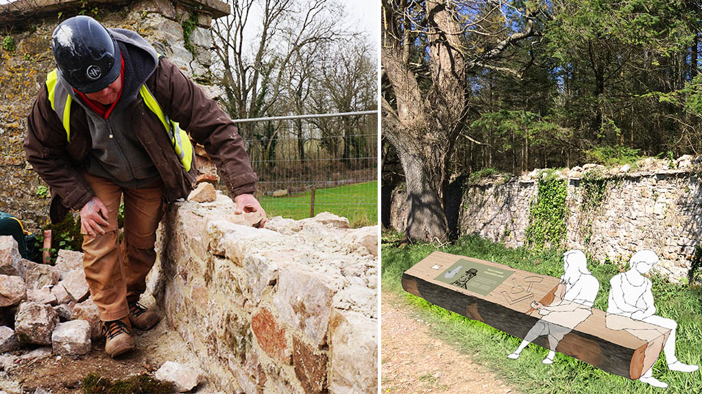 L: A worker inspects a portion of the Deer Park Wall ahead of prelimary repairs and R: Potential design for an 'interactive point of interest' area at the Deer Park Wall
