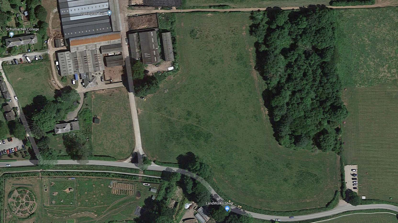 Above: Aerial view of Plum Plot, the site of Dartington's experiments into silvopasture. Old Parsonage Farm can be seen in the top left corner. Image: Google Maps.